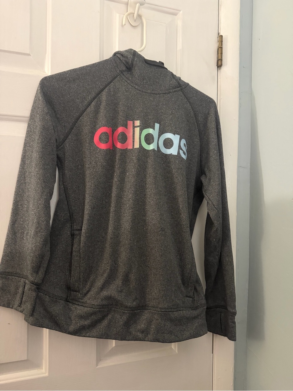 Adidas ClimaWarm Women’s Medium Gray Multicolor Logo Hoodie Thumbholes